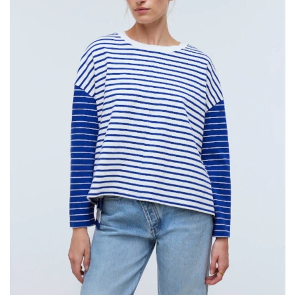 Madewell Easy Long Sleeve Rugby Tee in Contrasting Stripe Top Women Size XS